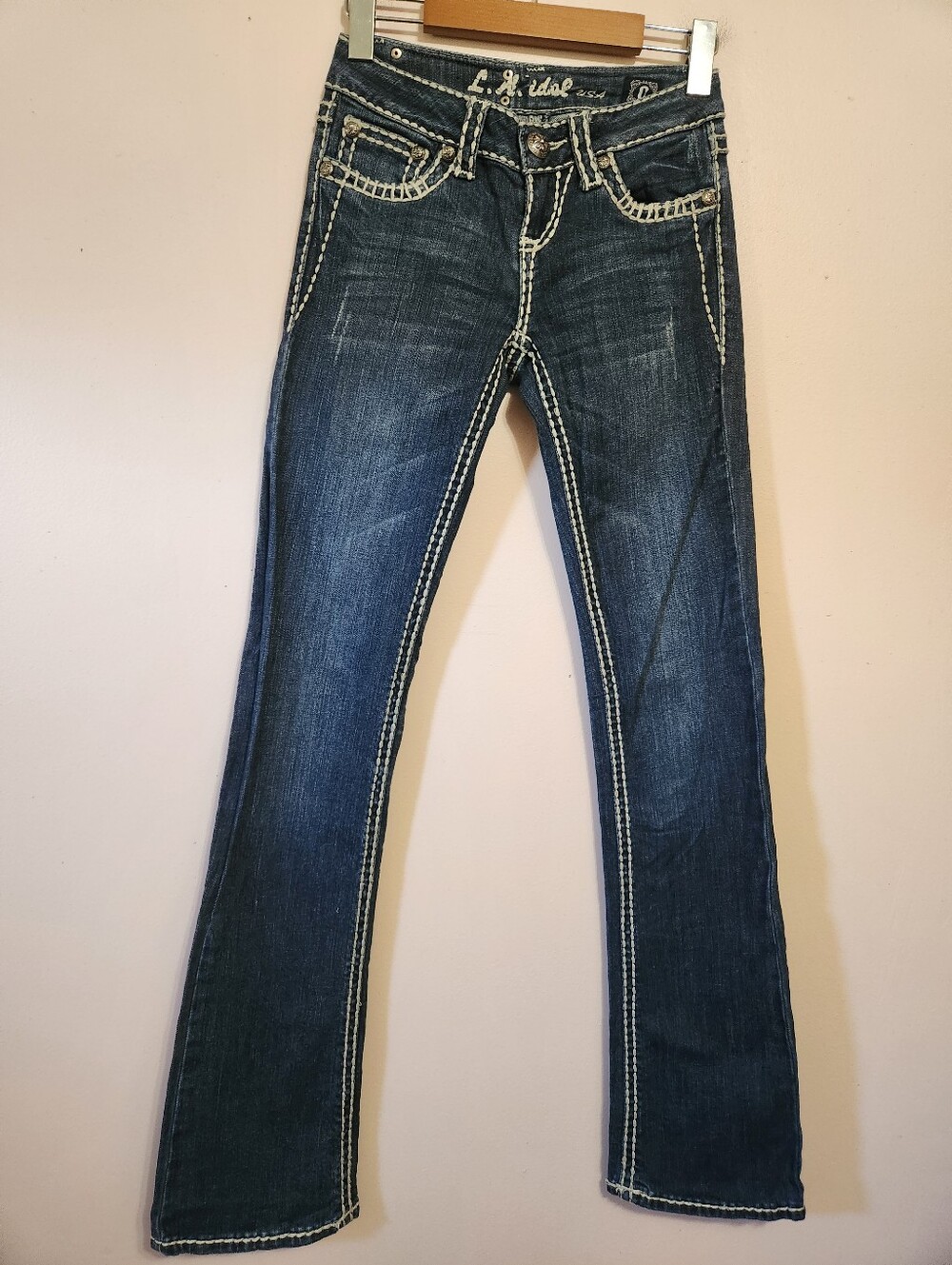 Y2K L.A. Idol USA Thick Contrast Stitch Flap Pocket Low Rise McBling Jeans 0